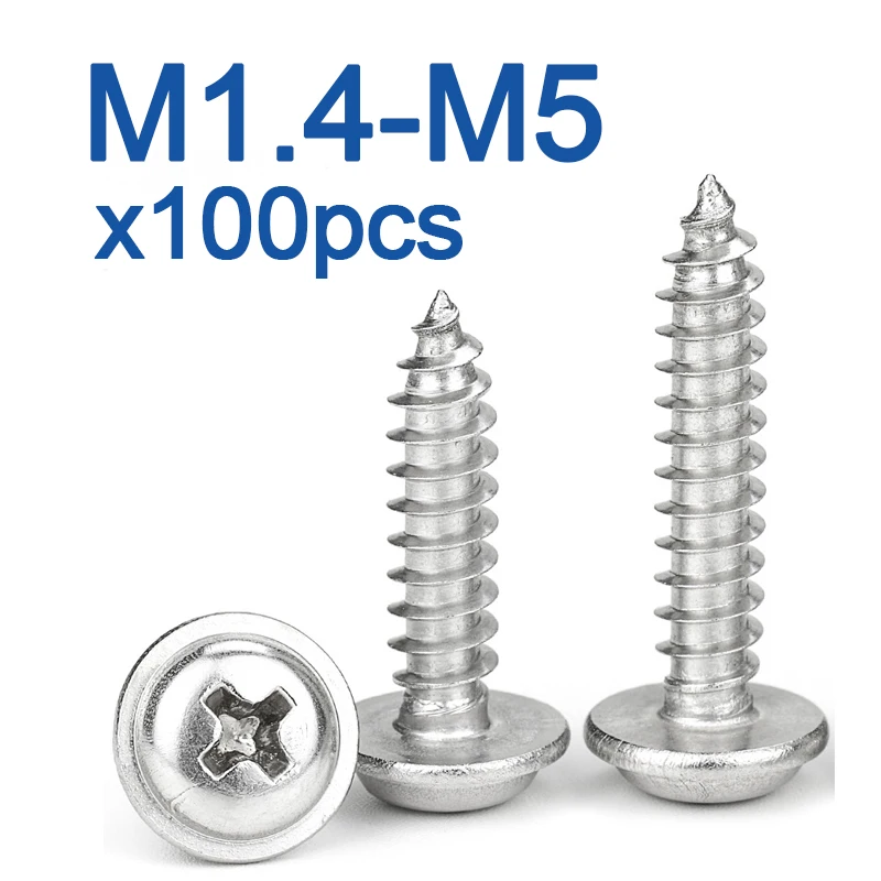 

100pcs/lot M1.4 M1.7 M2.3 M2.6 M3 M3.5 M4 M5 A2-70 Stainless Steel PWA Phillips Pan Round Head With Washer Self-tapping Screw