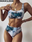 Новинка 2022, пикантный мраморный купальный костюм с принтом, спортивный топ-труба с высокой талией, Женская пляжная одежда для плавания с эффектом пуш-ап