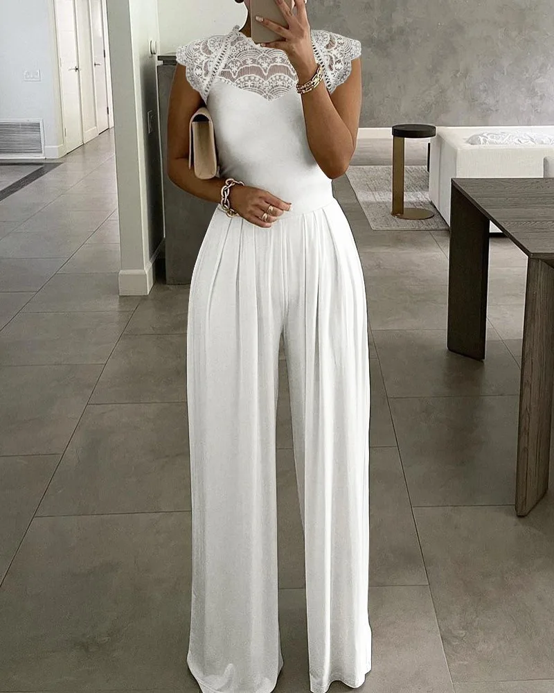 2022 Spring Autumn Solid Color White Jumpsuit Elegant Women Fashion Office Lady Jumpsuits Sexy Lace Collar Crew Neck Jumpsuits