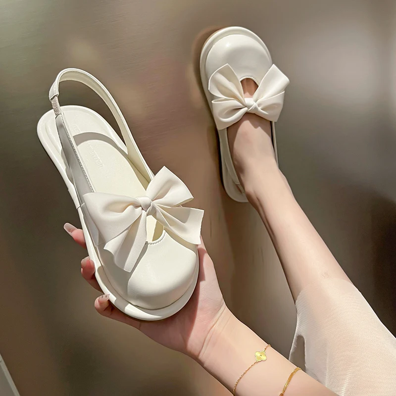 

Женские сандалии на прозрачном каблуке, удобные туфли мэри джейн с закрытым носком, Новинка лета 2022, открытые бежевые туфли с бантом на низк...