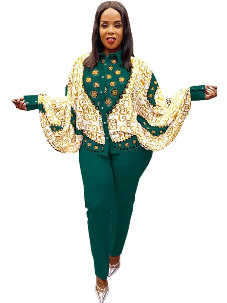 

Two-piece Africa Clothing For Women Set 2022 Autumn New African Printed Bat Sleeve Shirt Tops And Pants Suit Lady Matching Sets