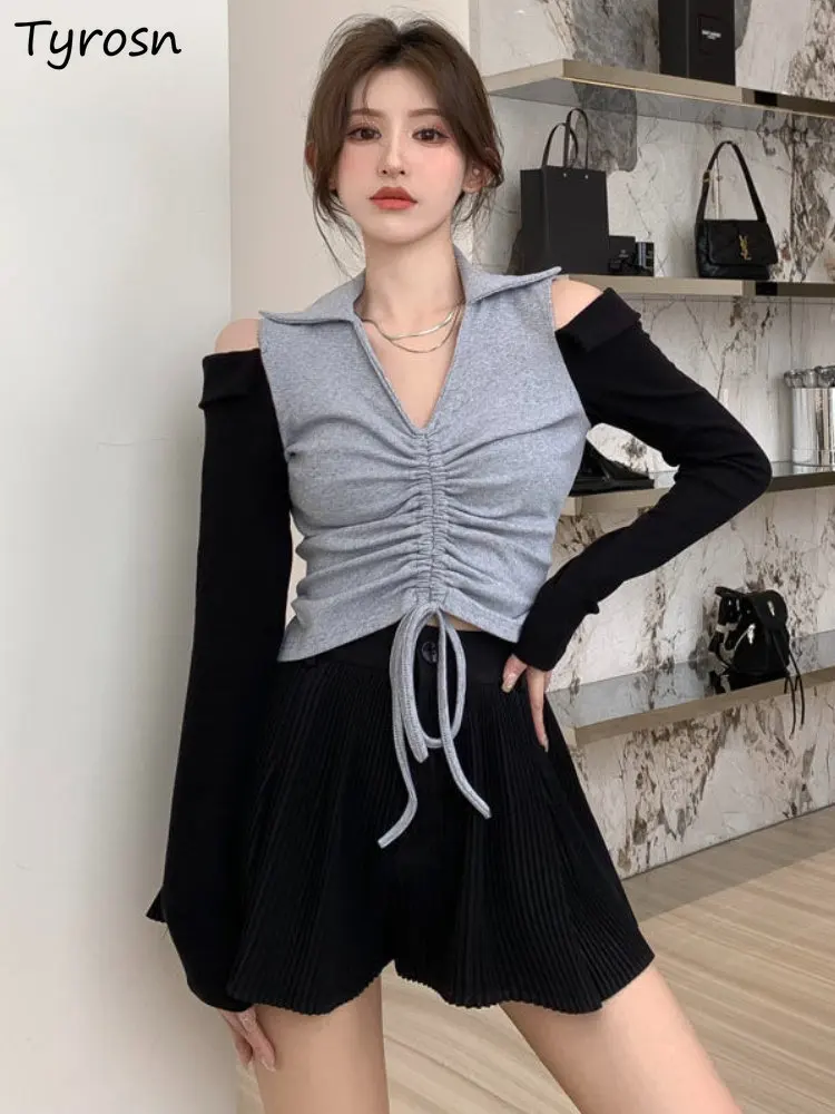 

T-shirts Women Shirring Design Sexy Panelled Leisure Korean Style Crop Slim Off Shoulder Spring All-match Fashion Ladies Sweet