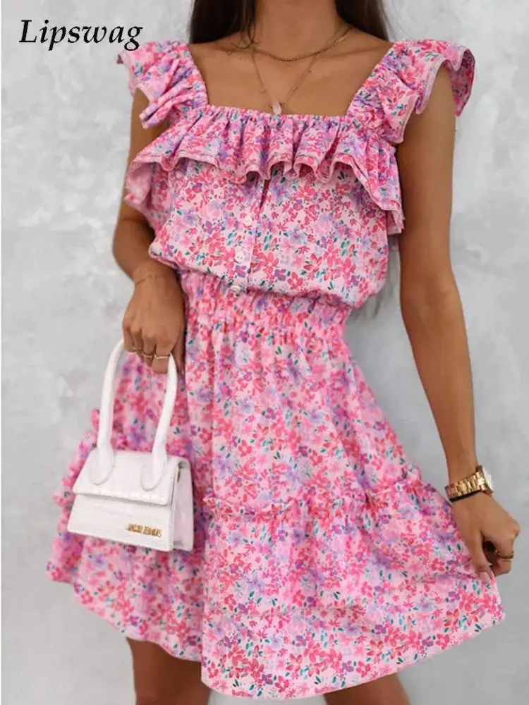 

Elegant Floral Dress Summer Casual Square Collar Ruffle Draped Mini Dresses Fashion Women Elastic High Waist Dress Beach Vestido