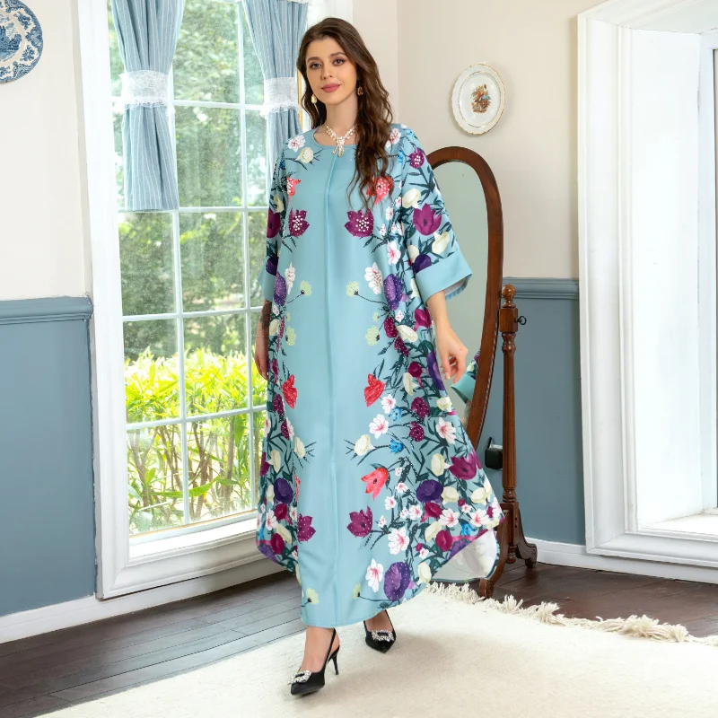 2023 Summer Elegant Muslim Women Long Sleeve O-neck Polyester Printing Long Abaya Muslim Fashion Dress Muslim Dress Women