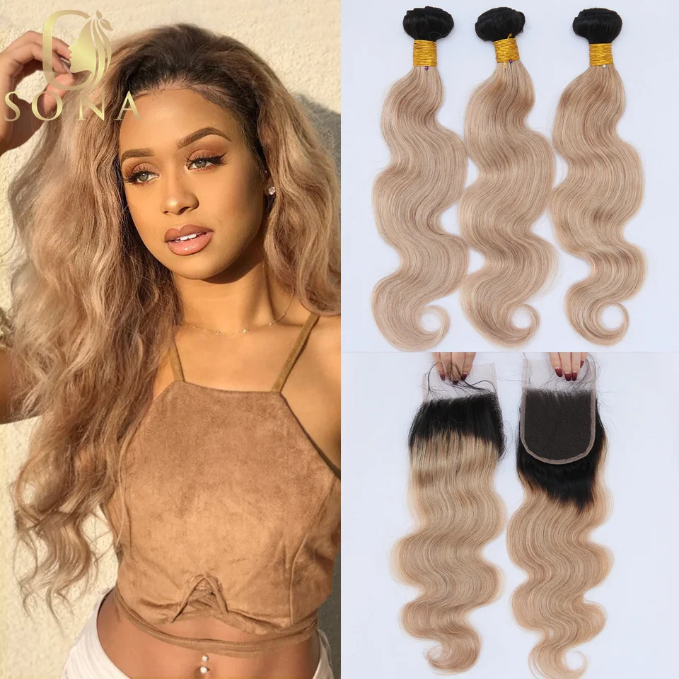 Фото Наборы натуральных волос Honey Blonde Ombre 1B 27 с заколкой-застежкой и HD-кружевом, пепельно-русый, 3 пучка с темными корнями №2