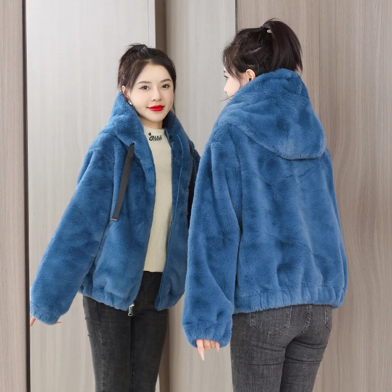 

New loose Korean version hooded imitation rabbit fur thickened and velvet lazy style short fur coat