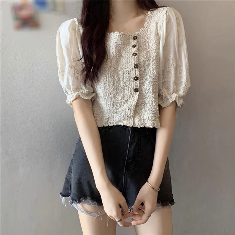 

Summer Blouses Puff Sleeve Square Collar Crop Tops Korean Vintage Student Girls