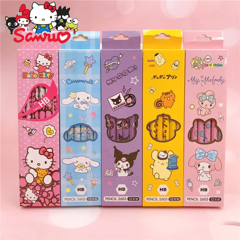 

1Box(12Pc) Sanrio Kuromi Hello Kitty Melody Cinnamoroll Pochacco Cartoon Pencil HB Writing Pen for School Students Gift Prizes