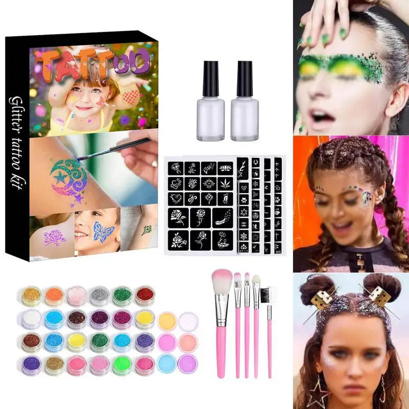 

30 Colors Set Waterproof Glitter 5 Brushes 2 Glues Kit For Temporary Tattoo Kids Face Body DIY Decoration Art