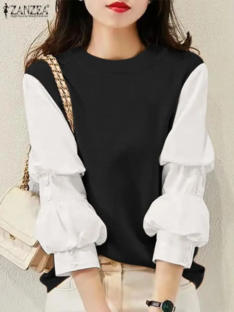 

O-Neck Puff Sleeve Button Chemise Bohemian Fashion Elegant Casual Holiday Blusas 2022 ZANZEA Women Summer Contrast Color Blouse