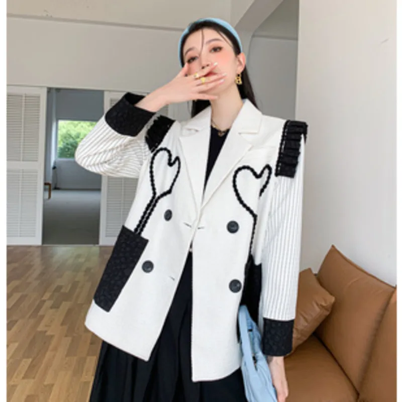 

Colorblock Heart Stripes Women Blazer Coat Casual Korean Hit Color Patchwork Suit Jacket Long Sleeve Notched Collar Blazers