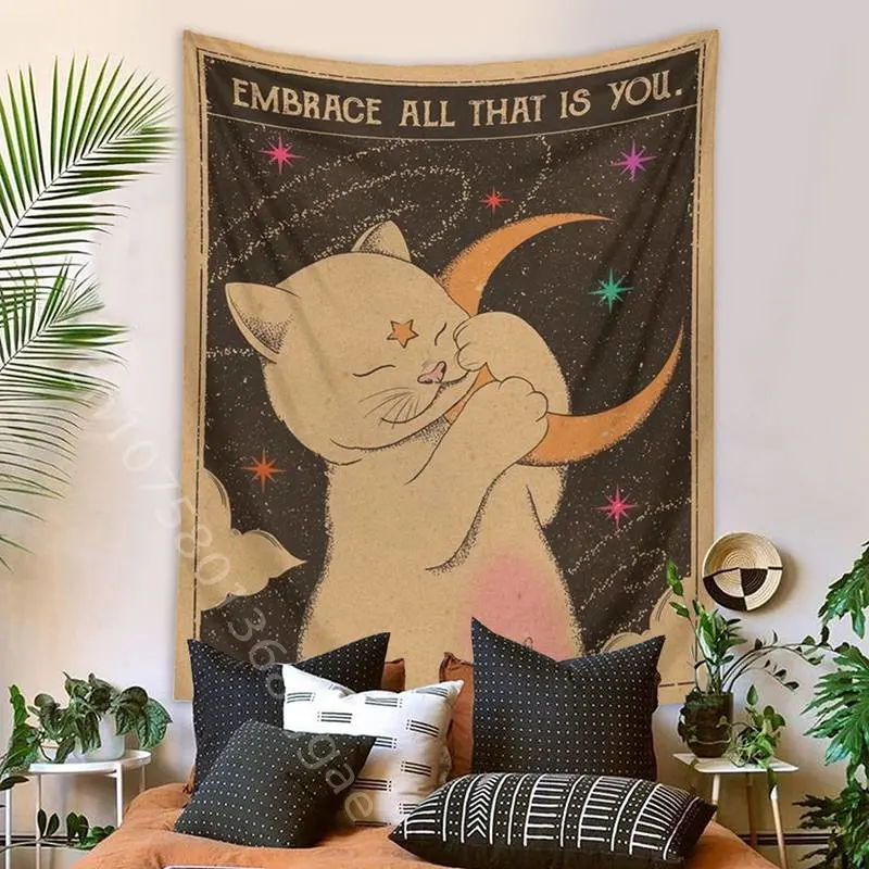 

Boho Tarot Cat Tapestry Wall Hanging Kawaii Kid Room Decoration Psychedelic Hippie Cloth Background Dormitory Bedroom Tapestries