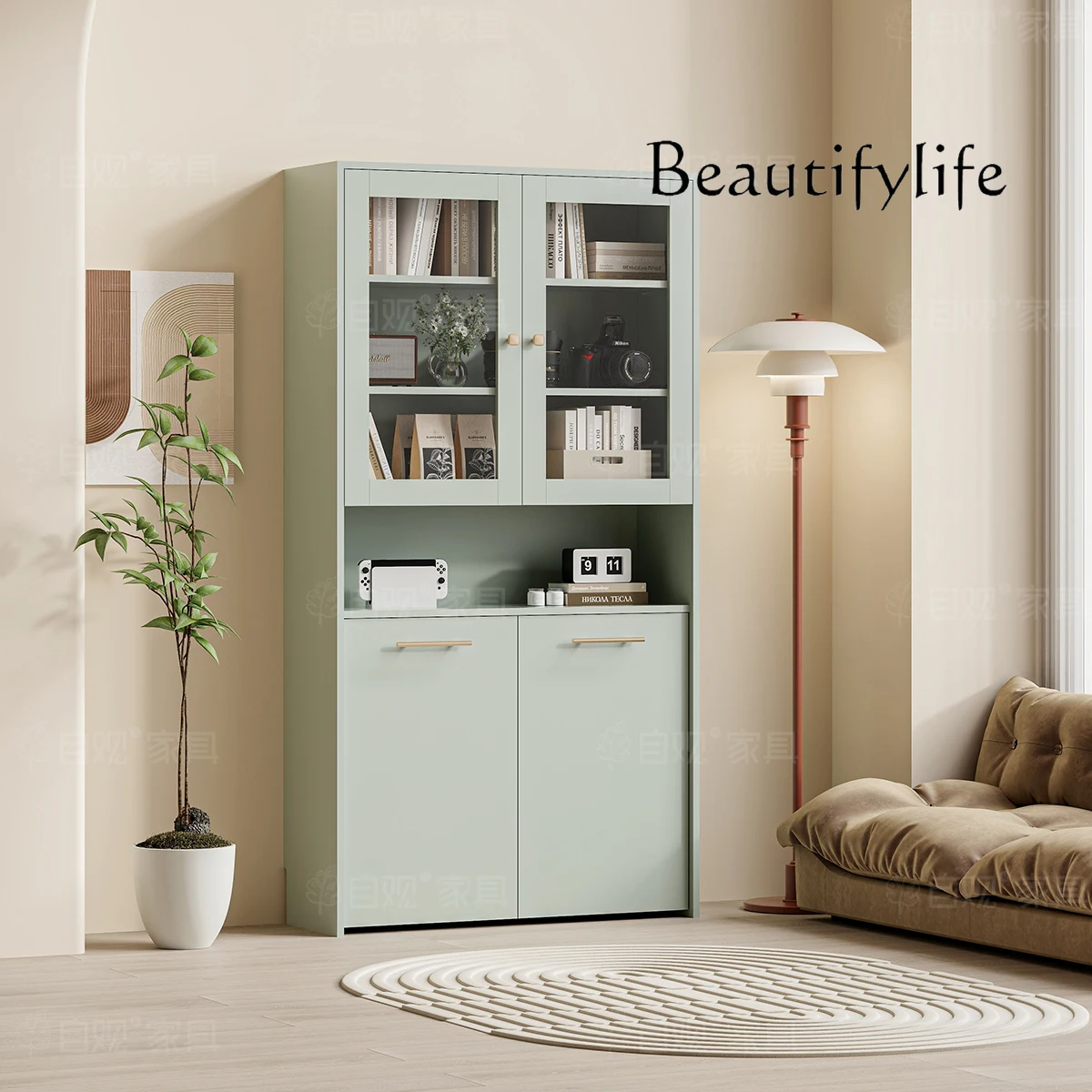 Скандинавский зеленый комбинированный книжный шкаф двойная дверь стеклянный