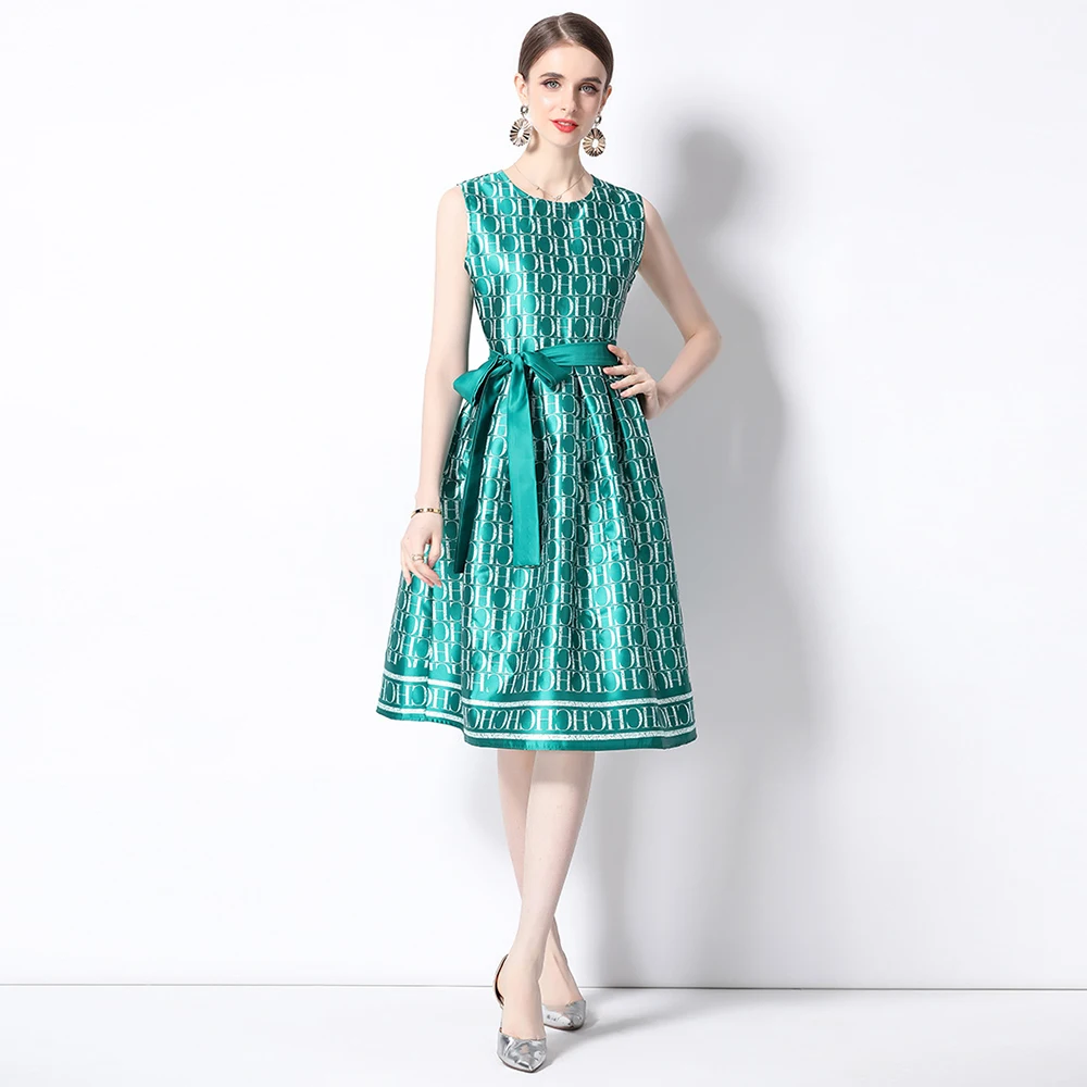 

Runway Fashion Summer Dress 2023 Women's O-Neck Sleeveless Green Letter Print Belt A-Line Midi Vacation Tank Vestidos M3941