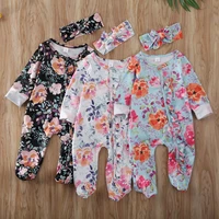 girls spring and autumn new long sleeved flower hair band jumpsuit spot newborn infant kids baby girls rompers