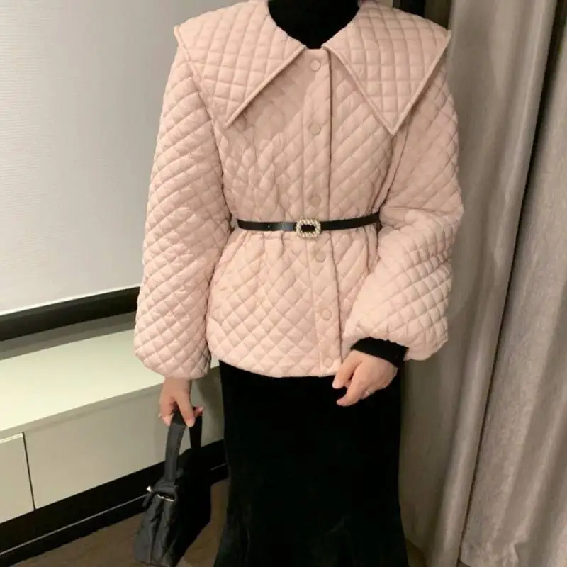 Vintage Long Sleeve Parka Single-breasted Belt Outerwear 2022 Elegant Winter Padded Jacket Women Lingge Quilted Doll Collar Coat