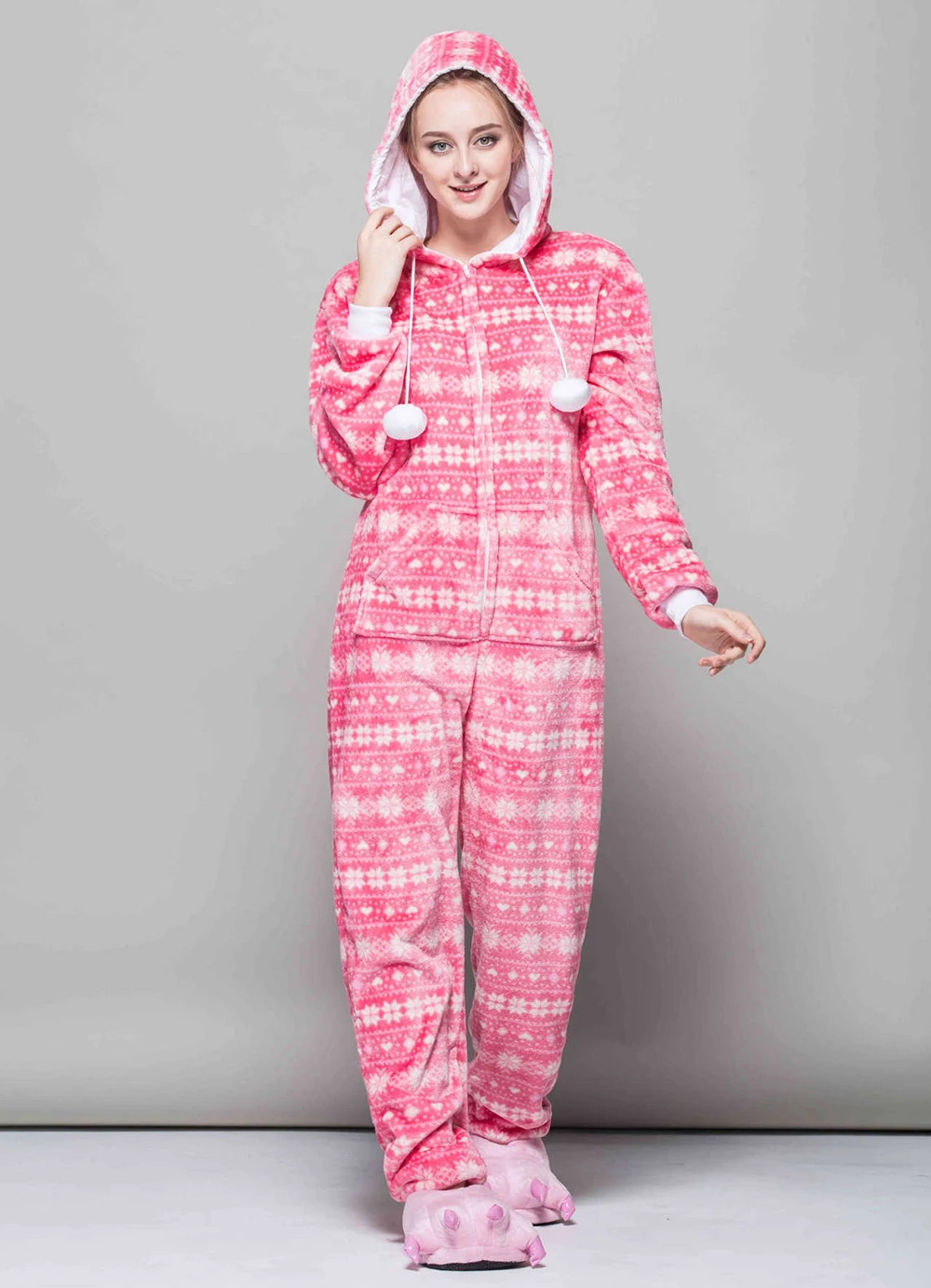 Christmas Jumpsuit Pajamas Set Flannel Women Winter Print Warm Long Sleeve Sleepwear Xmas Hooded Nightwear Fleece Onesie Costume
