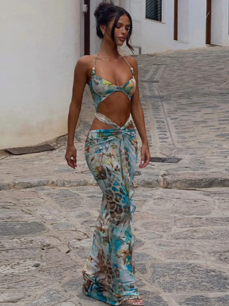 Женское сексуальное бикини с принтом в стиле пэчворк длинное платье оборками