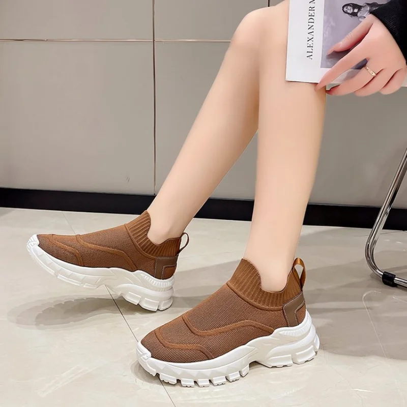 

Soft Bottom Knitting Sneakers Women Slip-on Breathable Mesh Flats Shoes Woman Non-slip Plus Size 40 Sock Shoes Platform