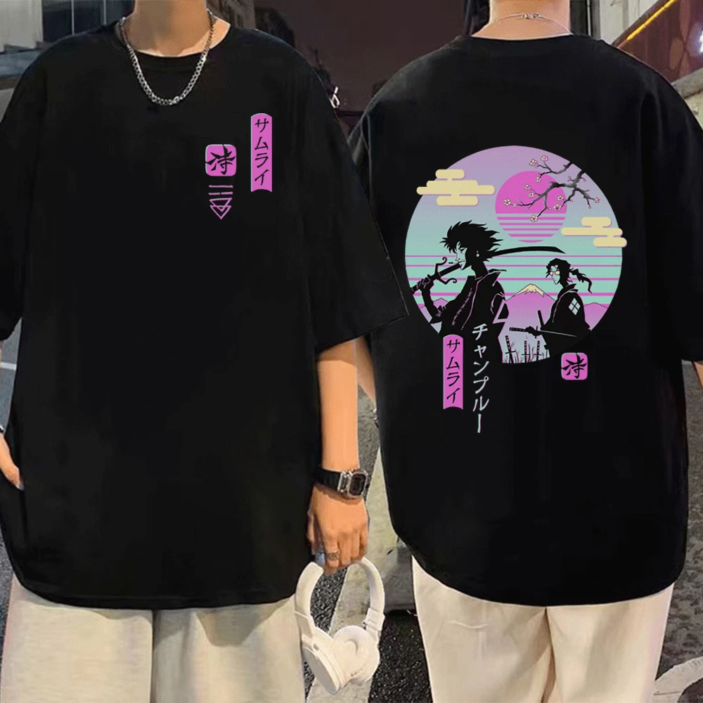 

Japanese Anime Samurai Chillhop T-shirt Unisex Double Sided Graphic T Shirt Summer Casual Oversized Cotton T Shirts Streetwear