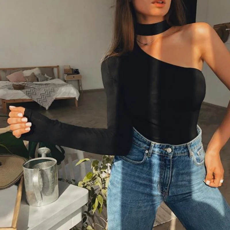 

cotton halter one shoulder sexy bodysuit women new fashion 2023 winter spring solid bodycon casual long sleeve body
