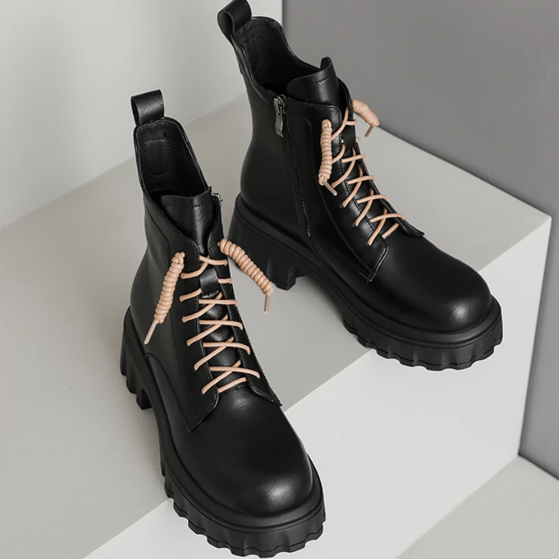 Vintage Thick Soled Boots Women's Brand Side Zipper Height Increasing Boot Chunky Heel Single Booties  Boots Women