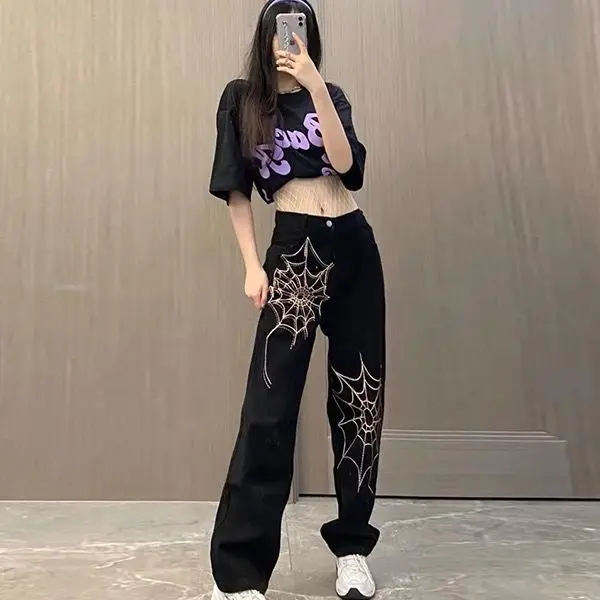 

Y2k Pants Women Clothing Spider Embroidery Trousers High waist Streetwear Hip Hop Cargo Pants Straight korean fashion 2023 Jeans