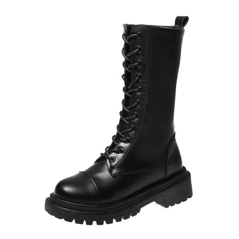 Women Black Mid-Calf Boots Female Casual Comfortable Walk Shoes Lady Muffin Bottom Non-Slip Ladies Lace Up Side Zipper Footwear