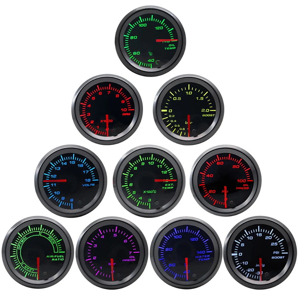 

2" 52mm LED Tinted 7 Color Series Boost/Water temp/Oil temp/Oil pressure/Voltmeter/Air fuel ratio/EGT/Tachometer RPM Car Gauge