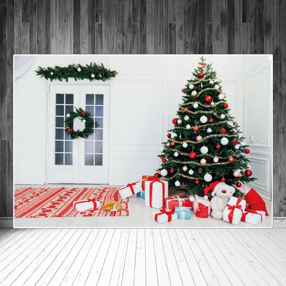 

Home Door Christmas Room Blanket Photography Backdrops Kids Bells Tree Gifts Boxes Toy Teddybear Wreath Studio Photo Backgrounds