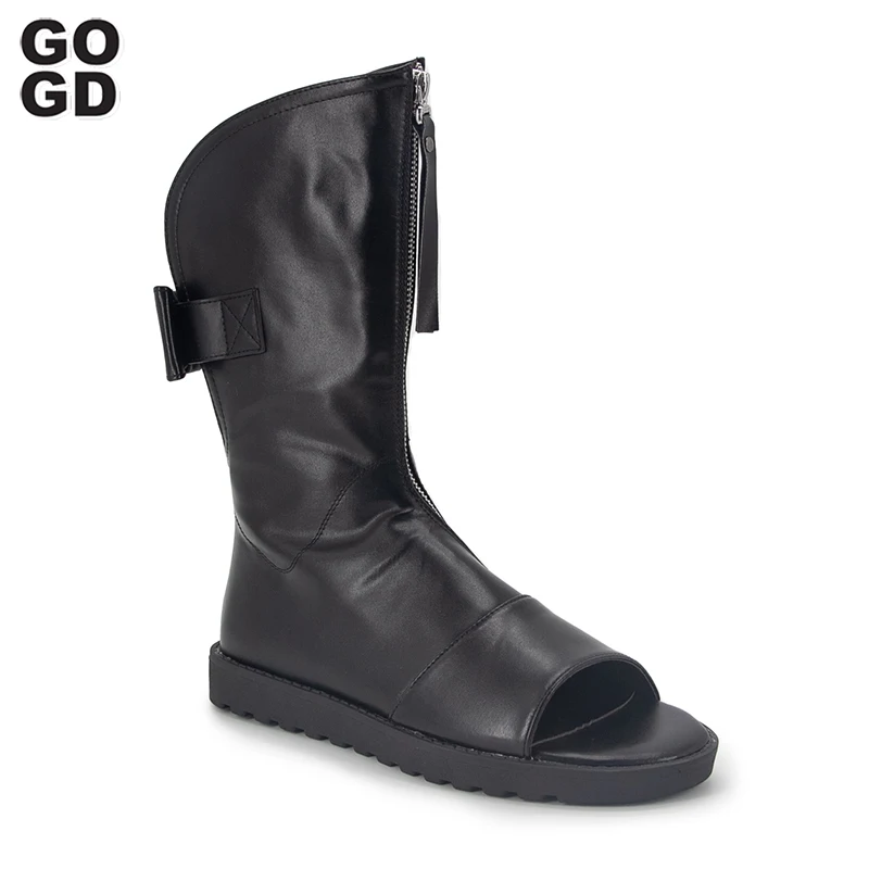 GOGD Fashion Vintage Women Summer Ankle Boots New 2023 Pu Leather Zipper Peep Toe Wedge Hiden Heels Mid-Calf Boots Punk Style