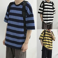 men stylish o neck short sleeve horizontal stripes bottoming top cotton t shirt horizontal stripes loose fit comfortable to wear