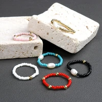 summer glass seed beads rings colorful beaded handmade elastic rings high quality freshwater pearls jewelry gift for girlfriend