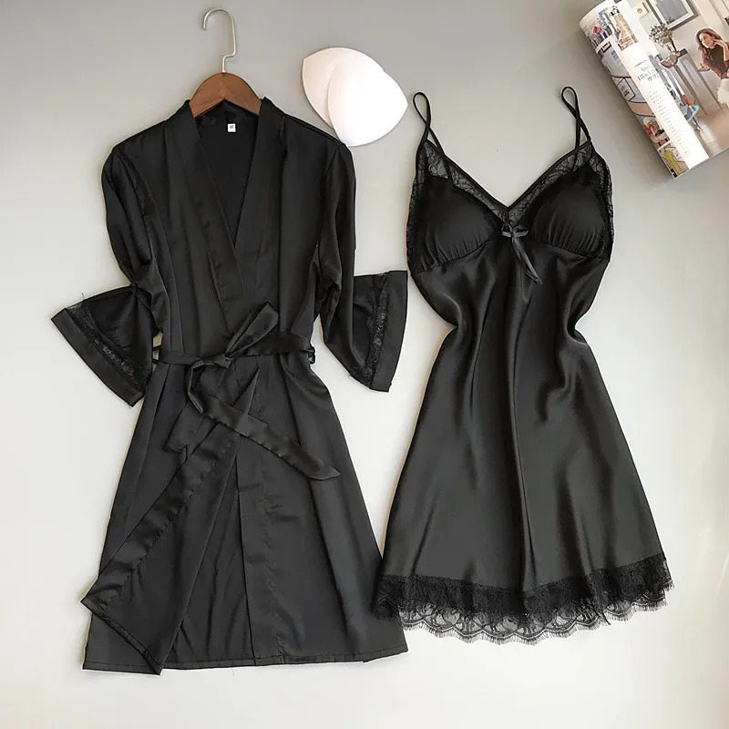 

Sexy Women Rayon Kimono Bathrobe WHITE Bride Bridesmaid Wedding Robe Set Lace Trim Sleepwear Casual Home Clothes Nightwear