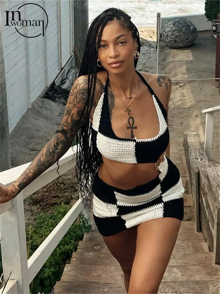 

Inwoman Sexy Knitted Black Bodycon 2 Two Piece Skirt Set Beach Party For Women 2023 Autumn Sleeveles Crop Top Mini Skirts Set