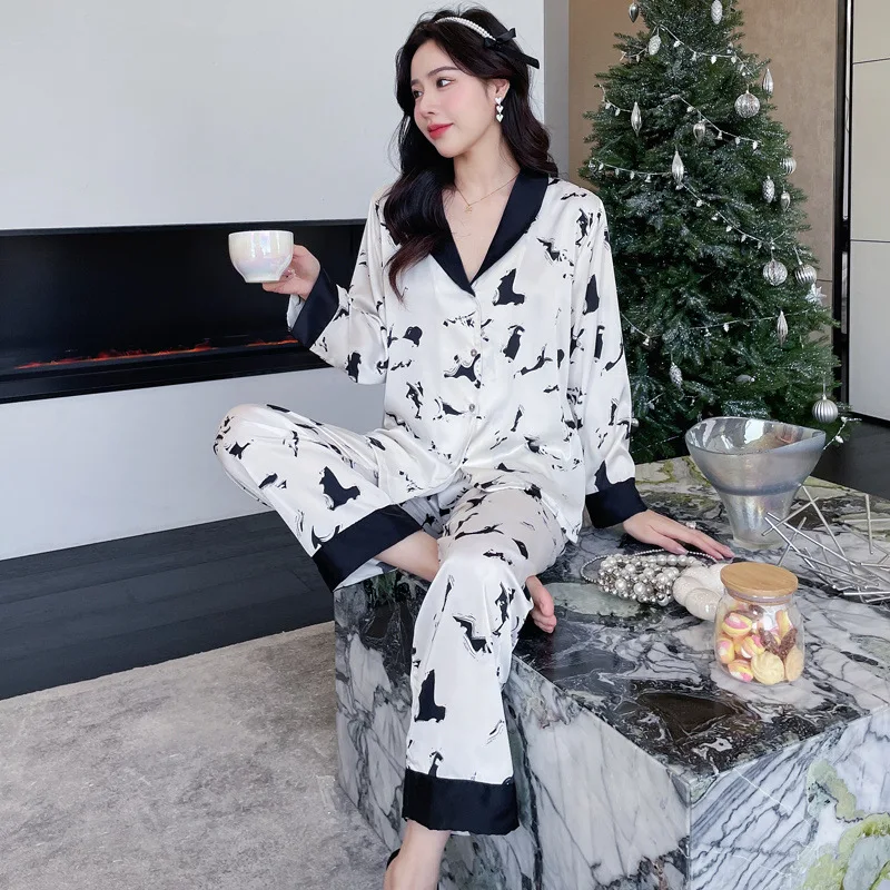 

Jxgarb Spring New Satin Women's Two Pieces Nightwear Elegant Ice Silk Pajamas Plaid Or Floral Sleepwear Pijamas Sets