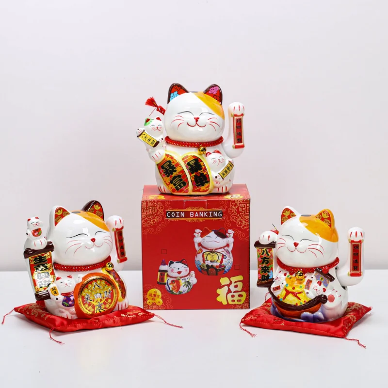 Ceramic Shop Opening Ornaments 8 Inches Automatic Beckoning Lucky Cat Ornament Home Living Room Entrance Decorations Gifts