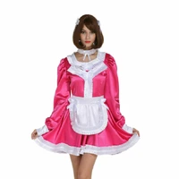 hot selling piece of red and white stitching sissy girl maid lockable satin dress role playing dress customization