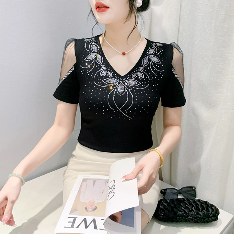 Ozhouzhan Summer New Heavy Industry Hot Drilling Short sleeve T-shirt Women Slim fit Sexy V-neck Mesh Patchwork Backless Top ...