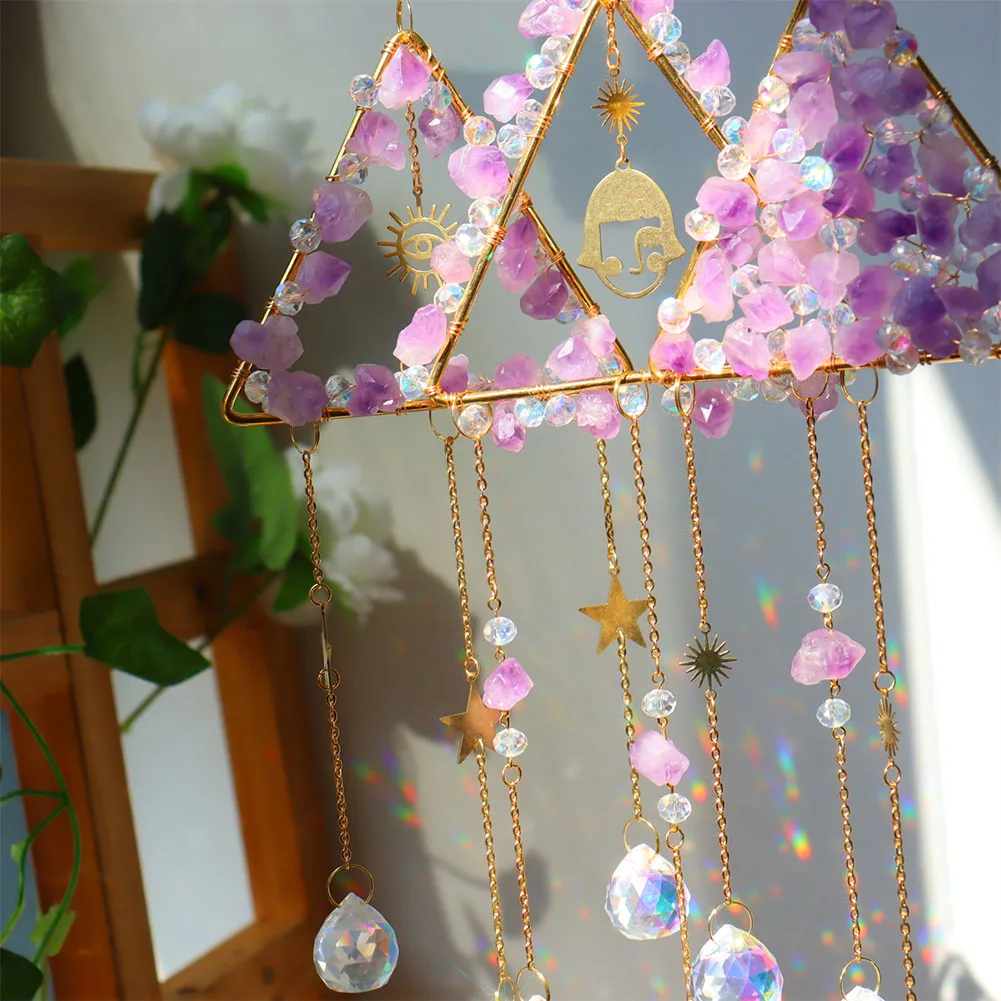 

Wind Chime Crystal Light Catcher Moon Hanging Ornament Diamond Triangle Natural Stone Prism Jewelry Curtains Home Room Decor