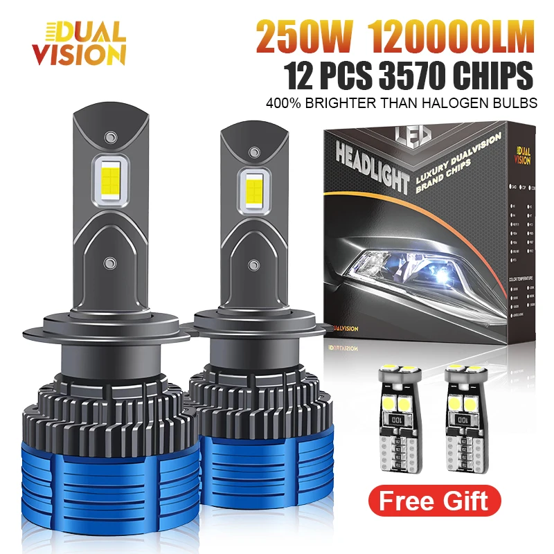 

2 шт., Автомобильные светодиодные турбофонари 250 Вт 9012 лм H7 H4 9005 HIR2 H11 H8 HB3 6000 H1 9006 K