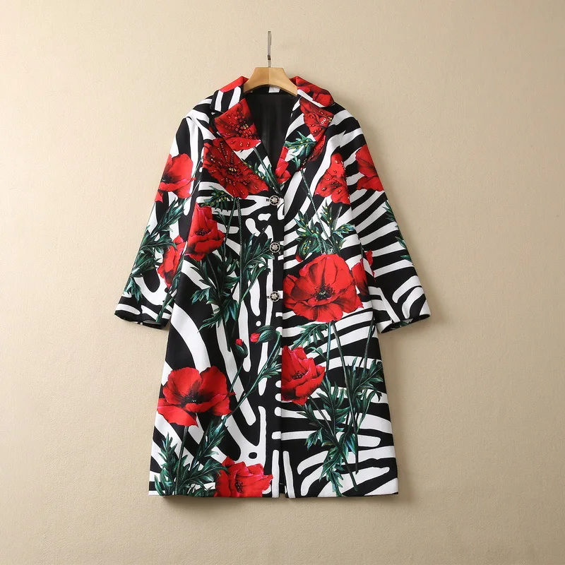 

Новинка, женская одежда в европейском и американском стиле на зиму 2022, модное шерстяное пальто с длинными рукавами и цветочным принтом зебры и бусинами