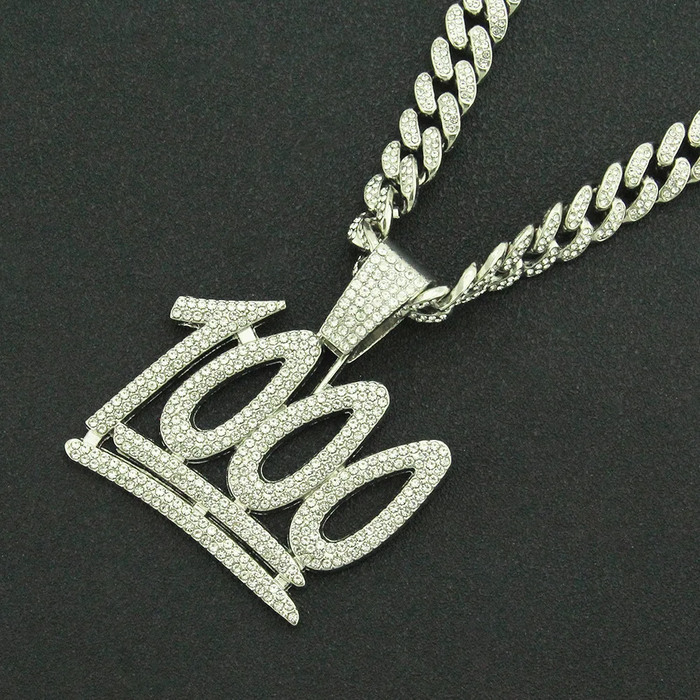 

Men Women Hip Hop 1000 Number Pendant Necklace with 13mm Crystal Cuban Chain Iced Out Bling HipHop Necklaces Fashion Jewelry