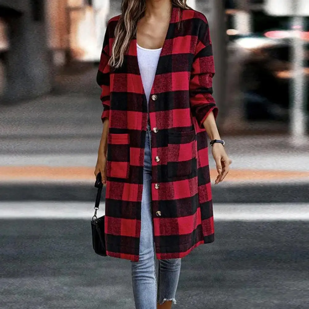 

Stylish Women Autumn Coat Loose Autumn Coat Double Pockets Warm Knee Length Winter Coat