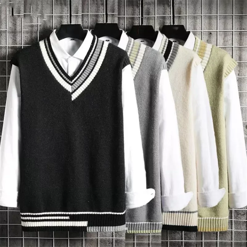 

NEW IN Vest Men Autumn Winter Fashion V Neck Pullover Preppy Style Sleeveless Knitted Sweaters Casual Baggy Knitwear 2021 New