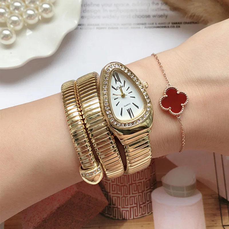 Luxury Top Brand Snake Shape Women Watch Full Steel Rhinestone Jewelry Bracelet Bangle Quartz Wristwatch for Women montre femmes