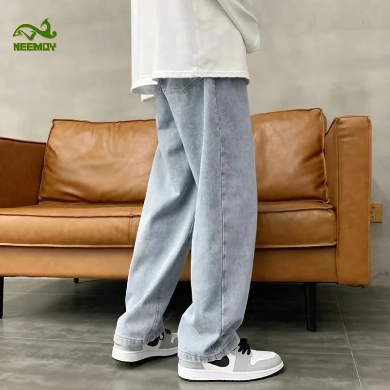 Neemoy Casual Baggy Jeans Men's Korean Fashion Wide Leg Pants High Street Casual Loose Trousers Male Clothing Light Blue