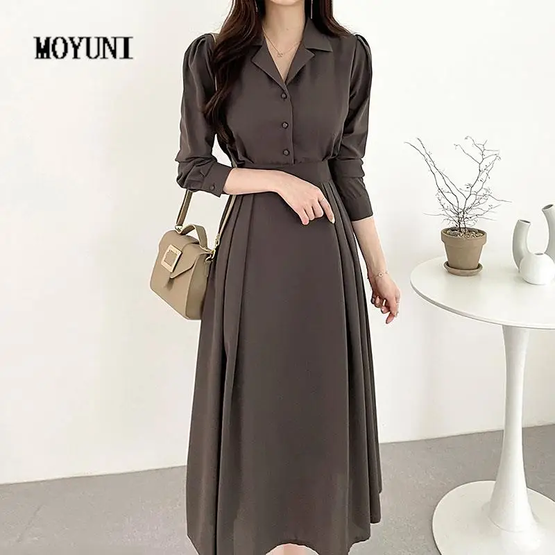 

Temperament Notched Slim A Line Pleated Waist Puff Long Sleeve Black Dress Bodycon Suit Vestidos Elegantes Mujer Women Clothes