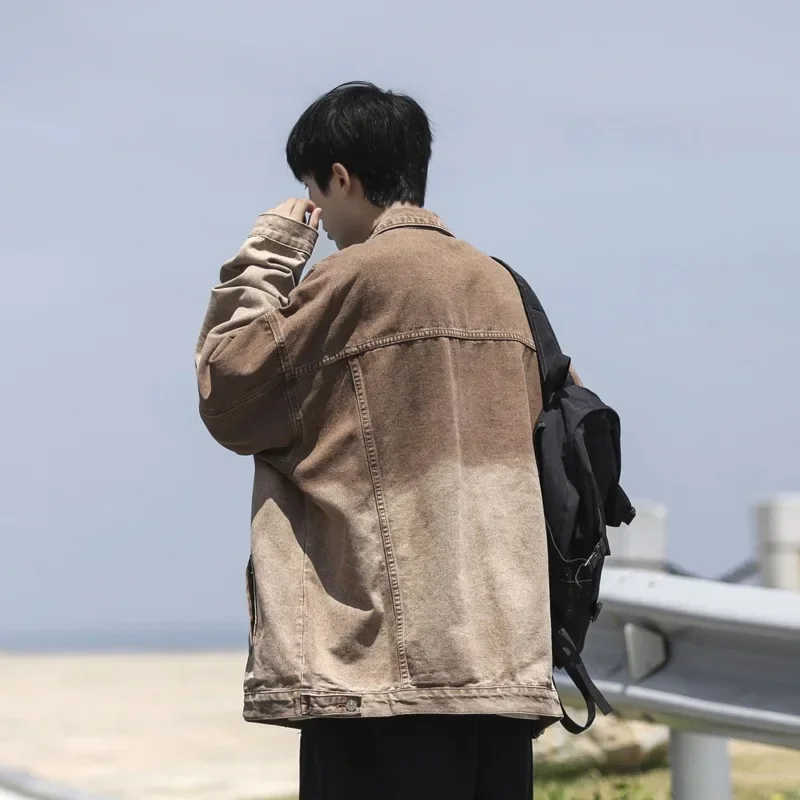 American Style Vintage Denim Jacket Street Fashion Men's Trendy Wash Distressed Gradient Oversize Brown Embroidery