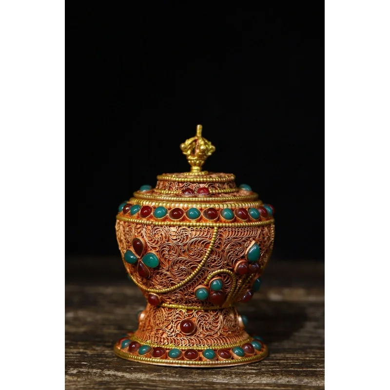 

4.4 Tibetan Silver-Inch Inlaid Gemstone Turquoise Handmade Buddhist Jar Vase
